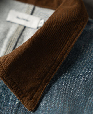 Sage blue denim barn jacket with dark brown corduroy cuff trim