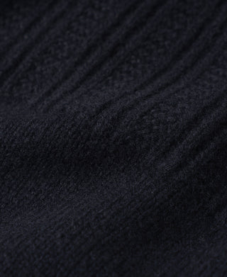 Close-up of the navy wool sweater's soft, textured knit