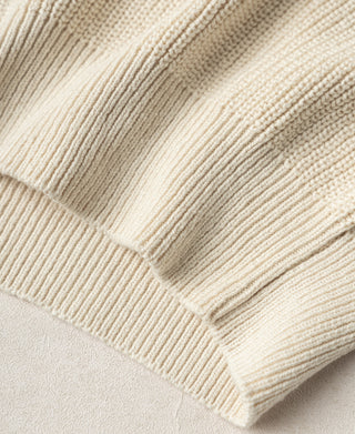 Cotton sweater hem with wide ribbed band and ribbed sleeve cuff