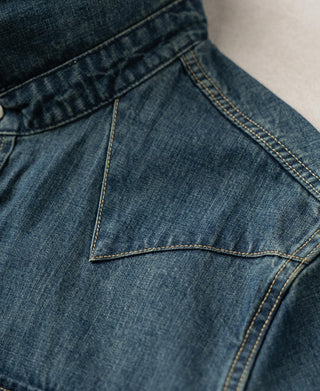 Washed denim western shirt back yoke with curved panel and neat contrast stitching