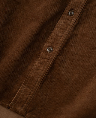 Brown corduroy work shirt front with two visible metal-look buttons