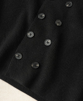 Black knit cardigan front with multiple round buttons and ribbed hem