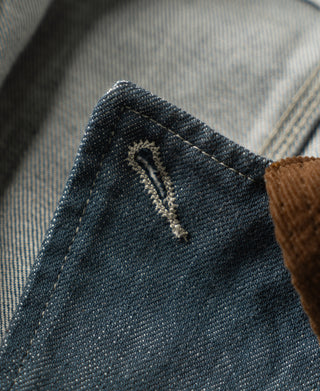 Sage blue denim barn jacket with western yoke embroidery and corduroy cuff