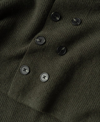 Olive knit cardigan close-up of button row and ribbed knit cuff area