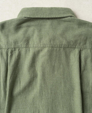 Sage green work shirt back yoke seam detail, straight hem at bottom.