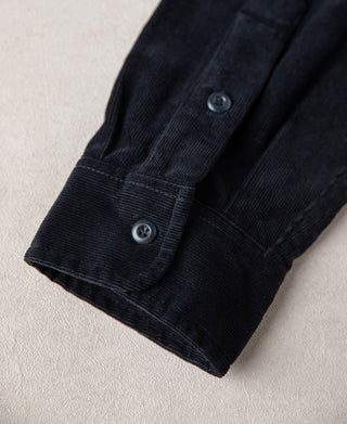 Indigo corduroy shirt sleeve cuff with button tab detail