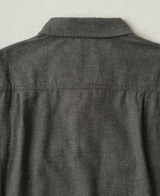 Dark gray work shirt back with yoke and full-length sleeves