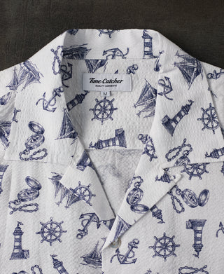 Nautical Printed Seersucker Short Sleeve Camp Shirt