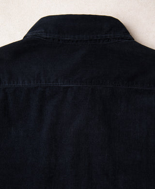Indigo corduroy work shirt back yoke with collar and seam stitching