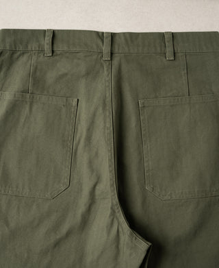 Olive deck pants back with two patch pockets and belt loops near the waistband.