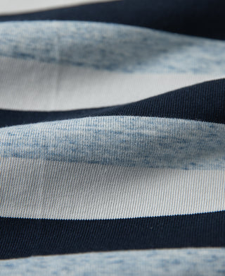 Close-up of navy-and-light-blue striped long-sleeve T-shirt fabric and texture