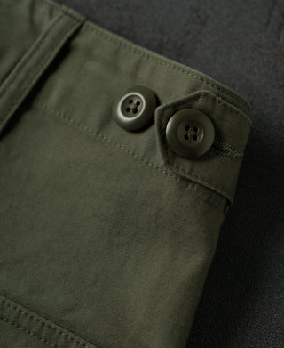 Olive pants close-up of two-button waistband with stitched loop detail