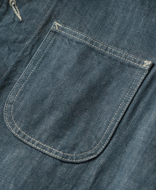 Sage blue denim barn jacket chest pocket with flap and contrast stitching