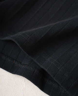 Close-up of vintage black ribbed T-shirt hem and stitching detail.