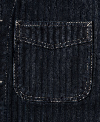 Indigo denim jacket back pocket with double-stitched seams