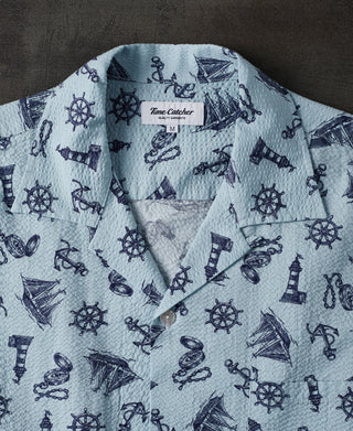 Nautical Printed Seersucker Short Sleeve Camp Shirt