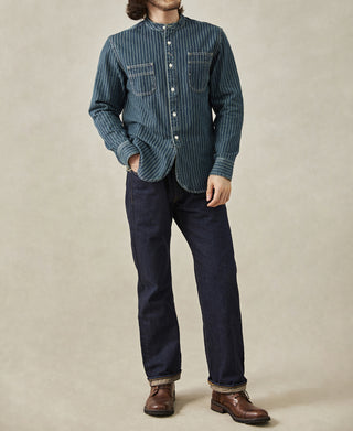 Wabash Striped Indigo Band Collar Workshirt