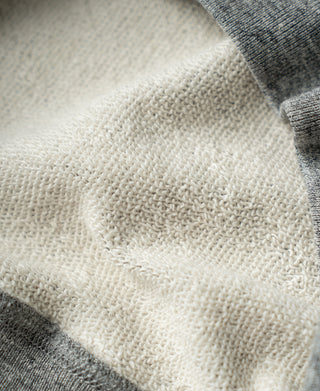 White knit inner tag area at neckline on heather gray sweatshirt
