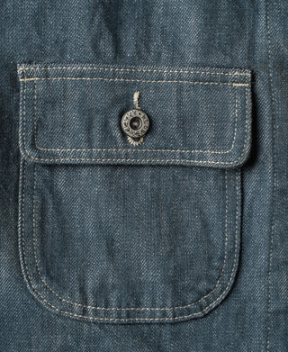 Sage blue denim barn jacket flap pocket with round metal snap button