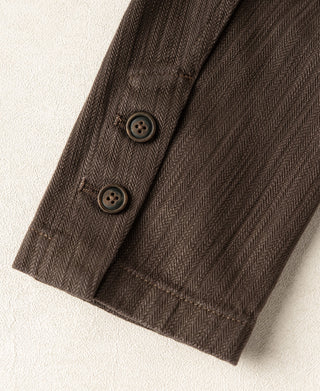 Brown herringbone blazer sleeve cuff with two buttons