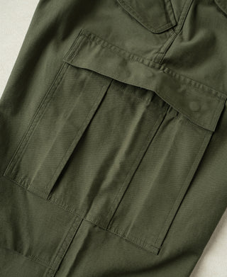 Olive cargo pants with pleated cargo pocket and bartack stitching