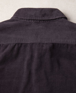 Purple corduroy work shirt back with yoke seam and folded collar