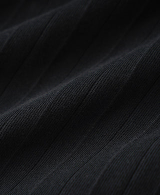 Close-up of vintage black ribbed cotton T-shirt knit texture with vertical rib pattern.