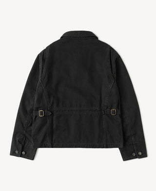 Black canvas cossack jacket with stand collar and buckled waist straps