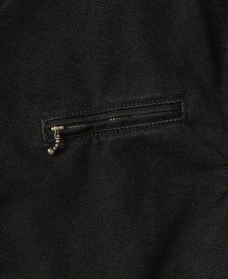 Black cossack jacket pocket with flap and metal zipper pull