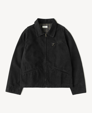 Black canvas Cossack jacket with stand collar and zip front, chest pocket and flap pockets