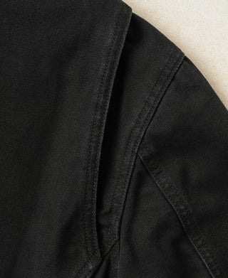 Shoulder seam construction detail of the Black A-2 Moleskin Bomber Jacket with reinforced stitching