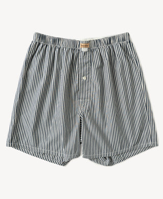 1950s cotton striped boxer shorts featuring a relaxed silhouette and classic vertical stripe pattern