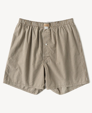 1950s cotton striped boxer shorts featuring a relaxed silhouette and classic brown stripe pattern