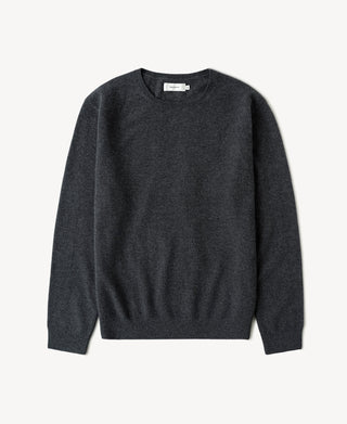 Heather gray merino wool crewneck sweater with long sleeves and ribbed hem and cuffs