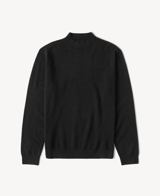 Black merino wool mock neck sweater with long sleeves and ribbed cuffs