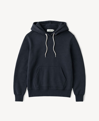 Front view of the dark blue heavyweight cotton hoodie with drawstring hood and kangaroo pocket