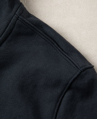 Close up of the shoulder seam and heavyweight cotton fabric in dark blue
