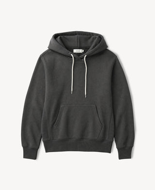 Close up of the hood construction and neckline of the dark gray hoodie