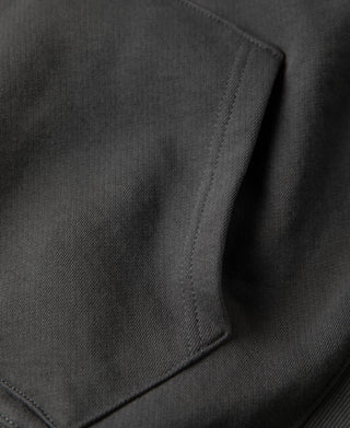 Detailed view of the kangaroo pocket edge and stitching on the dark gray hoodie