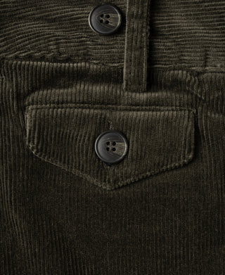 Dark green corduroy work trousers with front pockets and button detail