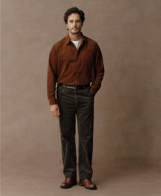 Dark green farmer work trousers with belt loops and button fly