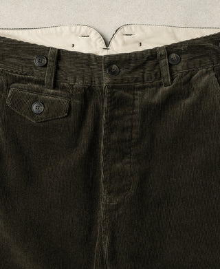 Dark green corduroy trousers waistband with button closure and belt loops