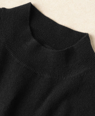 Black mock neck sweater with ribbed collar and smooth knit shoulder detail