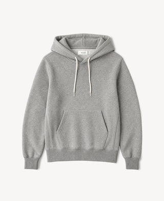 Front view of the Light Gray Heavyweight Cotton Ribbed Side Panel Hoodie with drawstring hood and kangaroo pocket