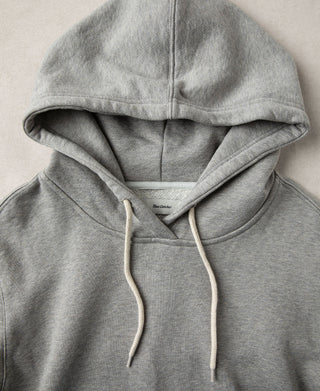 Close up of the hood construction and neckline of the light gray heavyweight cotton hoodie