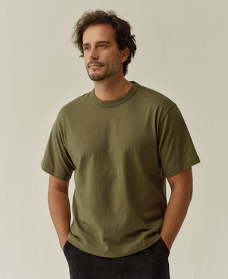 Olive heavyweight jersey T-shirt with a relaxed boxy fit and crew neck