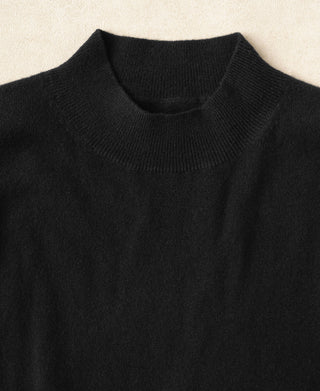 Black mock neck sweater neckline with ribbed collar and knit texture close-up