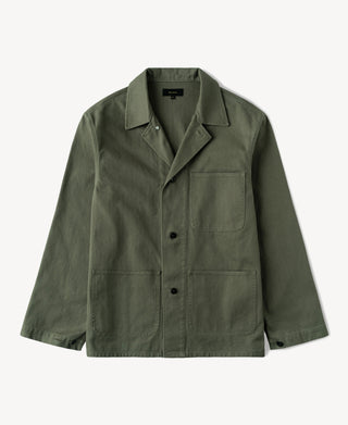 Olive field jacket with button front, pointed collar, and two chest pockets