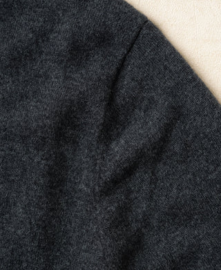 Close-up of heather gray sweater sleeve and shoulder seam with knit texture