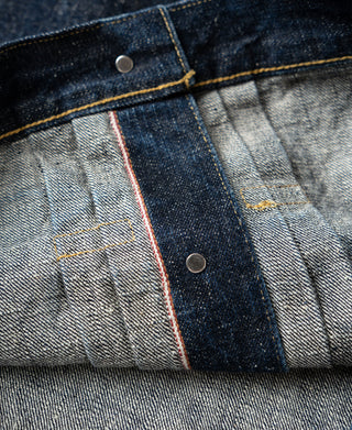 Indigo vintage type 1 denim jacket interior lining with selvedge and snap buttons